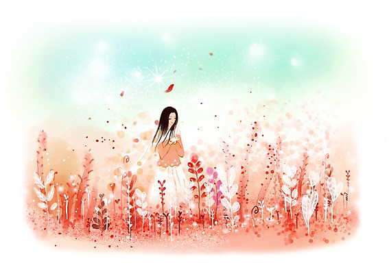 PSD 식물 우먼라이프 여자 꽃 백그라운드 잎 꽃밭 일러스트 상상 상상일러스트 한명 서기 사람 성인 반짝임 판타지 여자만 여자한명만 성인여자만 성인만 국내일러스트 1 라이프스타일 모션 파일형식
