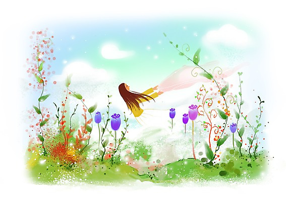 PSD 식물 구름 우먼라이프 여자 꽃 백그라운드 잎 꽃밭 일러스트 상상 하늘 상상일러스트 한명 사람 성인 판타지 여자만 여자한명만 성인여자만 성인만 국내일러스트 자연요소 1 라이프스타일 파일형식