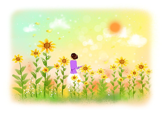 PSD 식물 구름 우먼라이프 여자 꽃 백그라운드 꽃밭 일러스트 상상 하늘 해바라기 상상일러스트 한명 서기 사람 성인 판타지 태양 여자만 여자한명만 성인여자만 성인만 국내일러스트 자연요소 1 라이프스타일 모션 파일형식