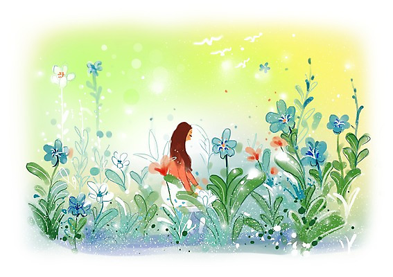 PSD 식물 동물 우먼라이프 여자 꽃 백그라운드 꽃밭 일러스트 상상 조류 상상일러스트 한명 사람 앉기 성인 판타지 여자만 여자한명만 성인여자만 성인만 국내일러스트 1 라이프스타일 모션 파일형식