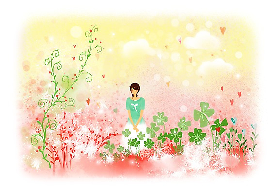 PSD 식물 구름 우먼라이프 여자 꽃 백그라운드 잎 꽃밭 일러스트 상상 하늘 상상일러스트 한명 서기 사람 성인 판타지 하트 네잎클로버 클로버 여자만 여자한명만 성인여자만 성인만 국내일러스트 자연요소 모양 1 라이프스타일 모션 파일형식