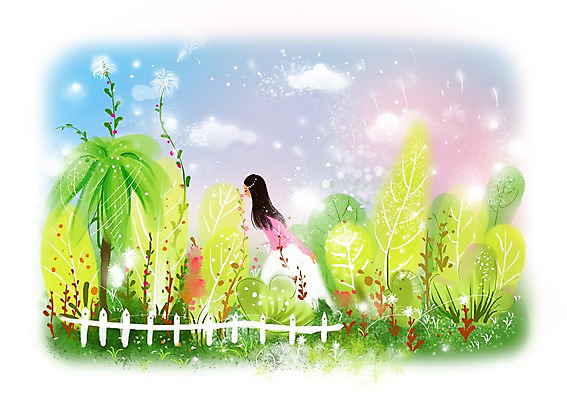 PSD 나무 식물 구름 우먼라이프 여자 꽃 백그라운드 잎 꽃밭 일러스트 상상 하늘 나뭇잎 상상일러스트 한명 서기 사람 성인 울타리 판타지 여자만 여자한명만 성인여자만 성인만 국내일러스트 자연요소 1 라이프스타일 모션 담장 파일형식