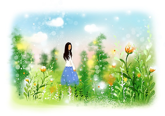 PSD 식물 구름 우먼라이프 여자 꽃 백그라운드 꽃밭 일러스트 상상 하늘 상상일러스트 한명 서기 사람 성인 판타지 여자만 여자한명만 성인여자만 성인만 국내일러스트 자연요소 1 라이프스타일 모션 파일형식