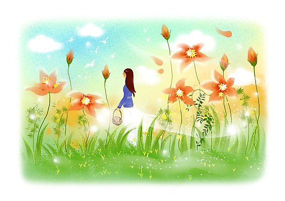 PSD 식물 동물 구름 우먼라이프 여자 꽃 백그라운드 꽃밭 일러스트 상상 조류 하늘 상상일러스트 한명 서기 사람 초원 성인 판타지 소풍 바구니 산책 여자만 여자한명만 성인여자만 성인만 국내일러스트 자연요소 1 라이프스타일 모션 휴식 야외활동 파일형식