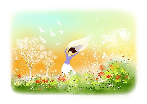 PSD 나무 식물 동물 구름 우먼라이프 여자 꽃 백그라운드 꽃밭 일러스트 상상 조류 상상일러스트 한명 서기 사람 초원 성인 판타지 여자만 여자한명만 성인여자만 성인만 국내일러스트 자연요소 1 라이프스타일 모션 파일형식