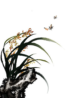 PSD 식물 동물 한국전통 전통 꽃 아시아 전통문화 나비 곤충 백그라운드 일러스트 붓터치 세마리 수묵화 사람없음 돌_바위 바위 난초 동양화 그림 난초꽃 동양란 국내일러스트 나라 문화 한국 3 미술 파일형식