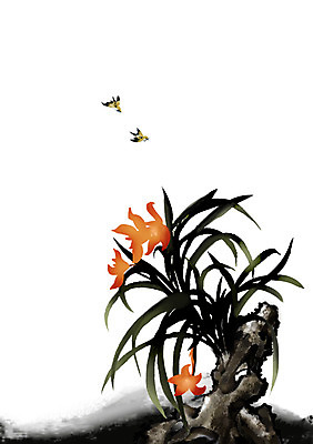 PSD 식물 동물 한국전통 전통 꽃 아시아 전통문화 백그라운드 두마리 일러스트 조류 붓터치 수묵화 사람없음 돌_바위 바위 난초 동양화 그림 난초꽃 동양란 국내일러스트 나라 문화 2 한국 미술 파일형식