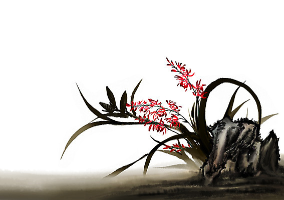 PSD 식물 한국전통 전통 꽃 아시아 전통문화 백그라운드 일러스트 붓터치 수묵화 사람없음 돌_바위 바위 난초 동양화 그림 난초꽃 동양란 국내일러스트 나라 문화 한국 미술 파일형식