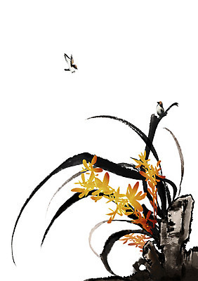 PSD 식물 동물 한국전통 전통 꽃 아시아 전통문화 백그라운드 두마리 일러스트 조류 붓터치 수묵화 사람없음 돌_바위 바위 난초 동양화 그림 난초꽃 동양란 국내일러스트 나라 문화 2 한국 미술 파일형식