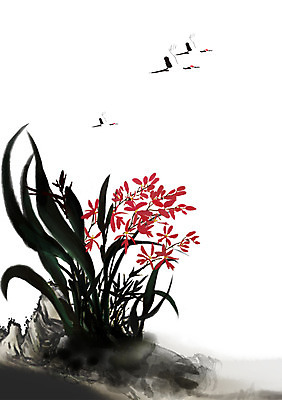 PSD 식물 동물 한국전통 전통 꽃 아시아 전통문화 백그라운드 일러스트 조류 붓터치 세마리 수묵화 사람없음 학 돌_바위 바위 난초 동양화 그림 난초꽃 동양란 국내일러스트 나라 문화 한국 3 미술 파일형식