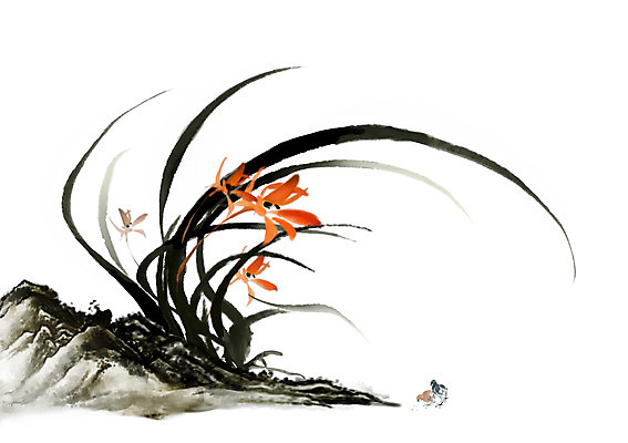 PSD 식물 동물 한국전통 전통 꽃 아시아 전통문화 백그라운드 두마리 일러스트 조류 붓터치 수묵화 사람없음 돌_바위 바위 난초 동양화 그림 난초꽃 동양란 국내일러스트 나라 문화 2 한국 미술 파일형식