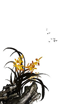 PSD 식물 동물 한국전통 전통 꽃 아시아 전통문화 백그라운드 일러스트 조류 붓터치 수묵화 사람없음 돌_바위 바위 난초 동양화 그림 난초꽃 동양란 국내일러스트 나라 문화 한국 미술 파일형식