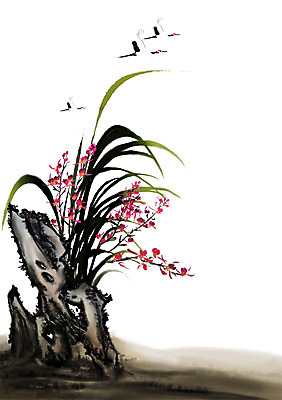 PSD 식물 동물 한국전통 전통 꽃 아시아 전통문화 백그라운드 일러스트 조류 붓터치 세마리 수묵화 사람없음 학 돌_바위 바위 난초 동양화 그림 난초꽃 동양란 국내일러스트 나라 문화 한국 3 미술 파일형식