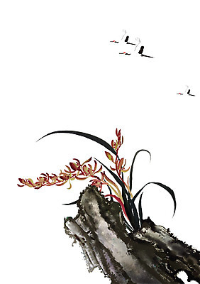 PSD 식물 동물 한국전통 전통 꽃 아시아 전통문화 백그라운드 일러스트 조류 붓터치 세마리 수묵화 사람없음 학 돌_바위 바위 난초 동양화 그림 난초꽃 동양란 국내일러스트 나라 문화 한국 3 미술 파일형식