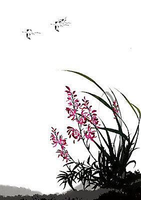 PSD 식물 동물 한국전통 전통 꽃 아시아 전통문화 백그라운드 일러스트 조류 붓터치 산 세마리 수묵화 사람없음 학 난초 동양화 그림 난초꽃 동양란 국내일러스트 나라 문화 한국 3 미술 파일형식