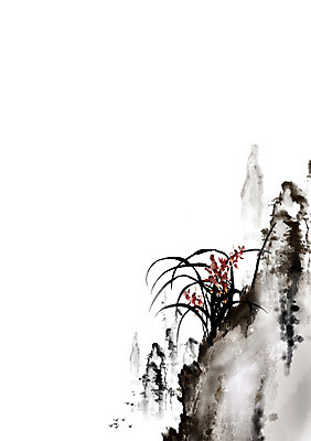 PSD 식물 한국전통 전통 꽃 아시아 전통문화 백그라운드 일러스트 붓터치 산 수묵화 사람없음 돌_바위 바위 난초 동양화 그림 난초꽃 동양란 국내일러스트 나라 문화 한국 미술 파일형식