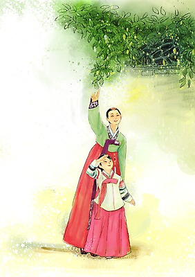 전신 PSD 식물 한국문화 한국전통 전통 응시 여자 아시아 전통문화 어린이 백그라운드 잎 일러스트 한국 서기 사람 손짓 소녀 성인 두명 올려보기 가리킴 전통의상 한복 색동저고리 색동옷 여자만 국내일러스트 동양문화 시선 옷 나라 문화 모션 저고리 파일형식