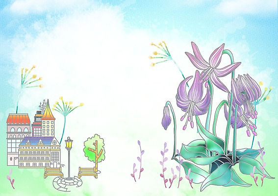PSD 나무 식물 구름 건축물 공원 꽃 선 컬러 여러송이 백그라운드 가로등 벤치 의자 라인일러스트 일러스트 상상 하늘 전등 주택 사람없음 건물 보라색 얼레지 국내일러스트 자연요소 공공시설 건축 가구 다수 조명 파일형식