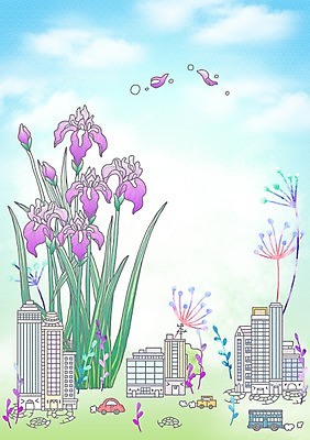 PSD 식물 구름 건축물 꽃 선 컬러 여러송이 백그라운드 라인일러스트 일러스트 상상 자동차 하늘 버스 주택 빌딩 사람없음 건물 보라색 도시 창포 국내일러스트 자연요소 건축 육상교통 다수 대중교통 파일형식