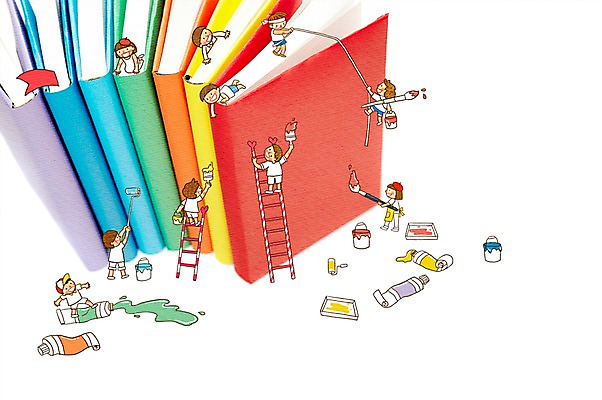 PSD 편집 편집이미지 여자 어린이교육 교육 남자 어린이 밧줄 줄 사다리 포토일러 합성일러스트 미소 웃음 사람 소녀 소년 여러명 책 페인트 물감 붓 페인트칠 어린이만 이미지편집 다수 페인팅 표정 미술도구 도구 파일형식