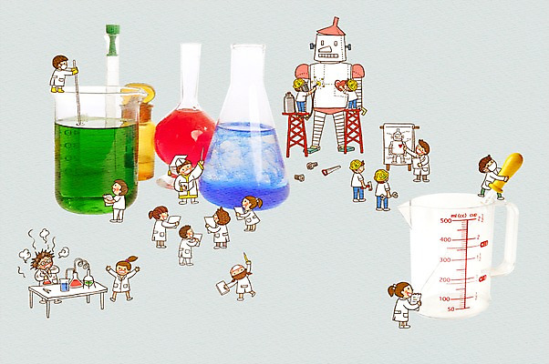 PSD 편집 편집이미지 여자 어린이교육 교육 남자 어린이 과학 탁자 포토일러 수업 실험기구 실험 합성일러스트 미소 웃음 사람 소녀 소년 여러명 컵 스포이트 로봇 플라스크 비커 과학교육 실습 어린이만 이미지편집 식기 가구 다수 표정 피펫 파일형식