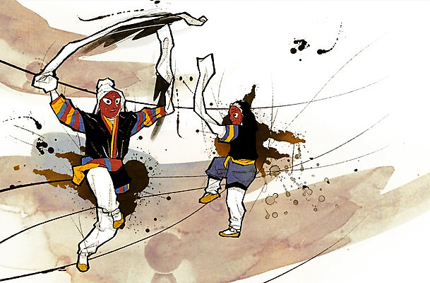 전신 PSD 한국문화 한국전통 문화 예술 포즈 일러스트 문화예술 가면 서기 사람 성인 두명 댄서 춤 전통의상 한복 즐거움 탈춤 전통무용 탈 한삼 성인만 국내일러스트 직업 동양문화 전통 감정 모션 한국 전통공연 파일형식