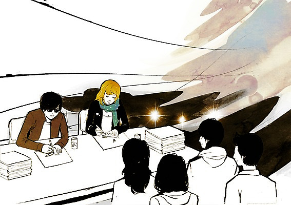 PSD 여자 남자 종이 문화 예술 의자 일러스트 탁자 문화예술 조명 사람 여러명 성인 펜 볼펜 팬 즐거움 사인 연예인 서명 싸인회 사인_서명 성인만 국내일러스트 직업 감정 가구 다수 필기구 파일형식