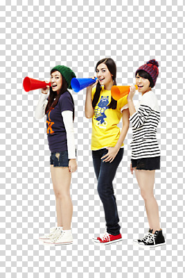 전신 외국인 편집 편집이미지 학생 라이프스타일 여학생 여자 응원 청소년 안내 서기 미소 웃음 사람 동양인 10대 세명 친구 십대라이프스타일 확성기 응원용품 알림 나팔 동료 응원나팔 PNG 여자만 십대만 십대여자만 편집소스 악기 관계 모션 표정 인종 생활 오브젝트 파일형식