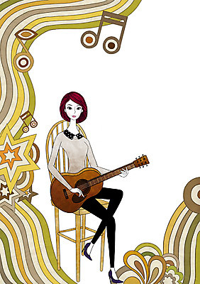 전신 PSD 우먼라이프 라이프스타일 여자 악기 음악 연주 의자 음표 일러스트 현악기 한명 미소 웃음 사람 앉기 성인 라이프 기타 여자만 여자한명만 성인여자만 성인만 국내일러스트 1 기호 가구 모션 문화예술 표정 생활 파일형식