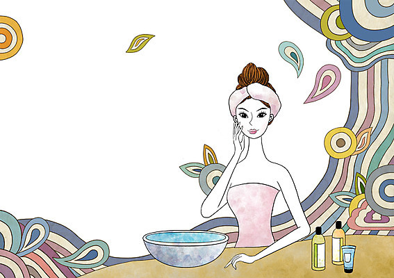 PSD 우먼라이프 라이프스타일 여자 일러스트 한명 미소 웃음 사람 상반신 성인 라이프 수건 뷰티 화장품 세수 피부관리 클렌징 세숫대야 여자만 여자한명만 성인여자만 성인만 국내일러스트 1 표정 생활 위생용품 청결 파일형식