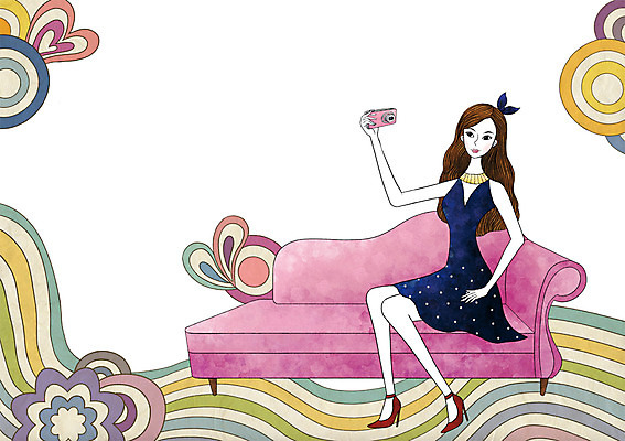 전신 PSD 우먼라이프 라이프스타일 여자 포즈 의자 일러스트 한명 미소 웃음 사람 앉기 성인 라이프 소파 카메라 사진촬영 셀프카메라 여자만 여자한명만 성인여자만 성인만 국내일러스트 1 가구 모션 표정 생활 전자제품 촬영 파일형식