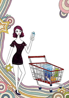 전신 PSD 우먼라이프 라이프스타일 여자 일러스트 한명 서기 미소 웃음 사람 성인 라이프 쇼핑 장보기 카트 쇼핑카 수레 우유 여자만 여자한명만 성인여자만 성인만 국내일러스트 우유갑 1 모션 유제품 표정 생활 파일형식