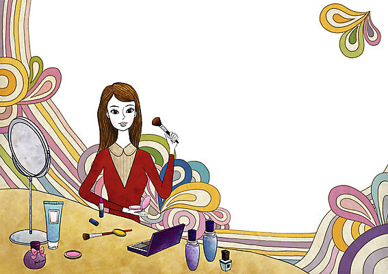 PSD 우먼라이프 라이프스타일 여자 일러스트 한명 미소 웃음 사람 앉기 상반신 성인 라이프 화장 뷰티 화장품 거울 붓 볼터치 뷰러 여자만 여자한명만 성인여자만 성인만 국내일러스트 1 모션 표정 생활 화장용품 파일형식