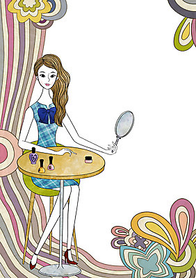 전신 PSD 우먼라이프 라이프스타일 여자 일러스트 탁자 한명 미소 웃음 사람 앉기 성인 라이프 뷰티 거울 네일아트 매니큐어 손거울 네일용품 여자만 여자한명만 성인여자만 성인만 국내일러스트 1 가구 모션 표정 생활 화장품 미용용품 파일형식