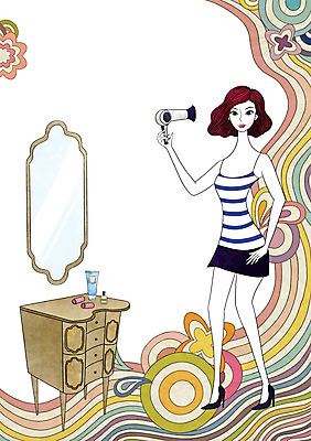 전신 PSD 우먼라이프 라이프스타일 여자 일러스트 건조 한명 서기 미소 웃음 사람 성인 라이프 뷰티 머리카락 거울 드라이어 화장대 여자만 여자한명만 성인여자만 성인만 국내일러스트 1 가구 모션 표정 생활 머리 미용용품 파일형식