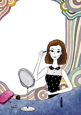 PSD 우먼라이프 라이프스타일 여자 일러스트 한명 미소 웃음 사람 앉기 상반신 성인 라이프 화장 뷰티 화장품 거울 붓 마스카라 눈화장 뷰러 눈썹집게 여자만 여자한명만 성인여자만 성인만 국내일러스트 1 모션 표정 집게 생활 화장용품 파일형식