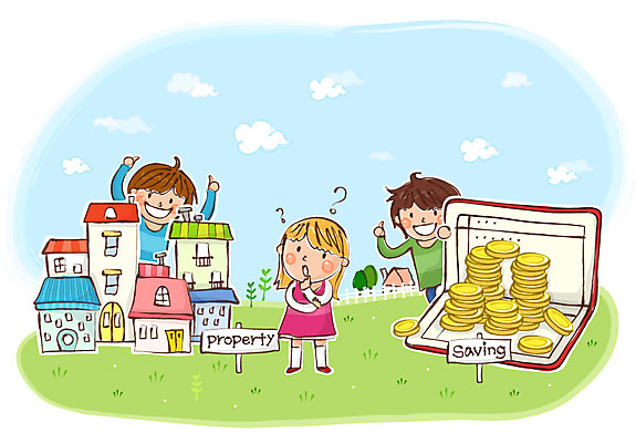 나무 식물 구름 여자 남자 어린이 돈 일러스트 하늘 부동산 주택 서기 미소 웃음 사람 소녀 빌딩 소년 건물 10대 세명 금융 경제 동전 저축 통장 어린이경제 십대만 금융의날 국내일러스트 AI파일 자연요소 건축물 모션 청소년 표정 재산 파일형식 벡터 법정기념일