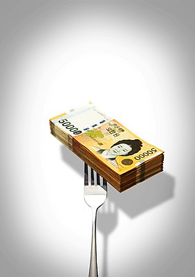 PSD 편집 편집이미지 포크 지폐 돈 비즈니스 사람없음 금융 경제 원화 돈다발 다발 오만원 이미지편집 식기 재산 파일형식