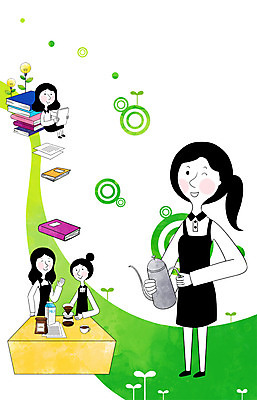 PSD 식물 여자 교육 커피 일러스트 비즈니스 전구 주전자 조명 서기 미소 웃음 사람 앉기 정장 성인 책 세명 새싹 앞치마 우유 직장인 비즈니스우먼 목표 계획 백열등 바리스타 여자만 성인여자만 성인만 국내일러스트 우유갑 직업 옷 음료 컨셉 모션 주방용품 유제품 표정 파일형식