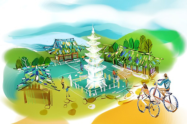 PSD 나무 식물 구름 건축물 여자 남자 건축 길 여유 육상교통 교통수단 여행 이동 일러스트 하늘 휴식 사람 여러명 탑 자전거 사찰 자전거여행 자전거길 국내일러스트 자연요소 감정 다수 교통 컨셉 종교건축 바이크 파일형식