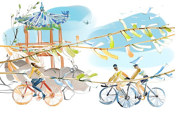 PSD 여자 남자 길 여유 육상교통 교통수단 여행 이동 일러스트 휴식 사람 여러명 자전거 정자 자전거여행 자전거길 신록사 휴식처 국내일러스트 건축물 감정 다수 교통 컨셉 바이크 파일형식