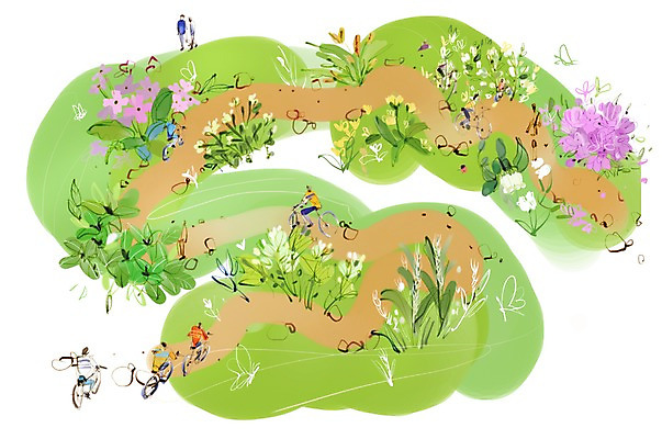 PSD 식물 동물 여자 남자 꽃 길 여유 육상교통 교통수단 여행 나비 곤충 이동 일러스트 휴식 사람 여러명 자전거 풀 자전거여행 자전거길 아홉사리길 국내일러스트 감정 다수 교통 컨셉 바이크 파일형식