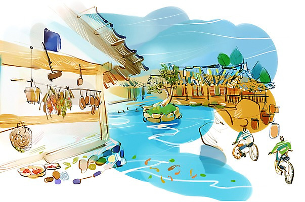 PSD 나무 식물 건축물 여자 남자 건축 길 여유 육상교통 교통수단 여행 이동 일러스트 휴식 한옥 주택 기와집 사람 여러명 자전거 자전거여행 자전거길 국내일러스트 한국전통 감정 다수 교통 컨셉 고건축 건물 바이크 파일형식