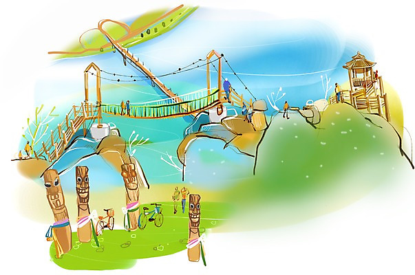 PSD 나무 식물 여자 남자 길 여유 육상교통 교통수단 여행 이동 일러스트 휴식 산 사람 여러명 자전거 장승 자전거여행 자전거길 출렁다리 가교 국내일러스트 건축물 감정 다수 교통 컨셉 바이크 다리_건축물 파일형식