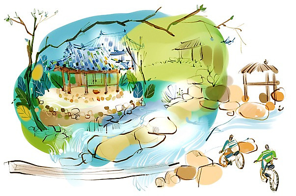 PSD 나무 식물 여자 남자 길 여유 육상교통 교통수단 여행 이동 일러스트 휴식 산 사람 여러명 자전거 폭포 자전거여행 자전거길 소쇄원 국내일러스트 감정 다수 교통 컨셉 자연 바이크 담양 명승지 파일형식