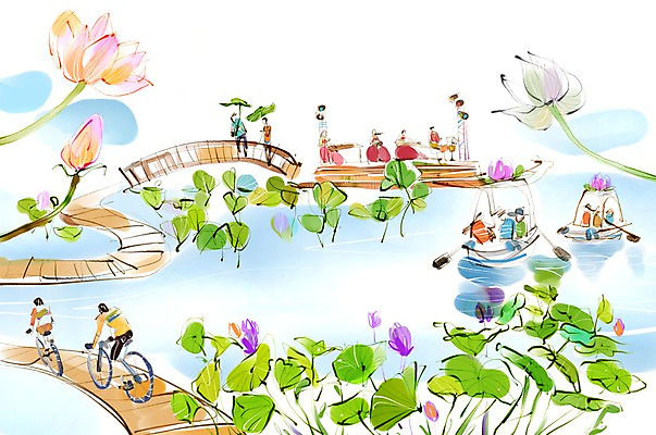 PSD 나무 식물 여자 남자 꽃 길 여유 육상교통 교통수단 여행 이동 일러스트 휴식 연꽃 사람 여러명 자전거 공연 풀 자전거여행 자전거길 회산백련지 가교 국내일러스트 건축물 감정 다수 교통 컨셉 이벤트 바이크 저수지 무안 파일형식