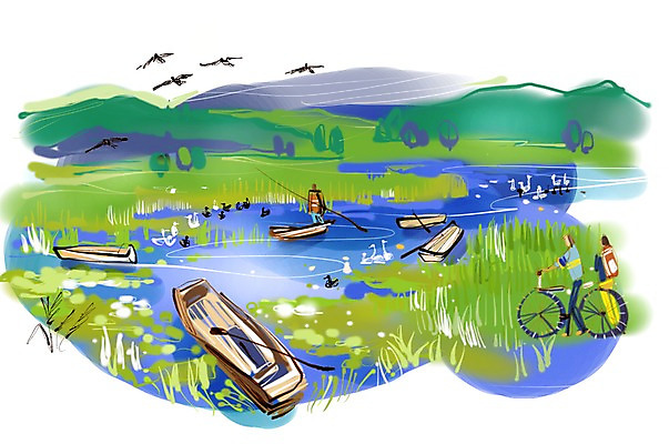 PSD 나무 식물 동물 여자 남자 길 여유 육상교통 교통수단 여행 이동 일러스트 조류 휴식 산 사람 여러명 자전거 풀 나룻배 자전거여행 자전거길 우포늪 선박 국내일러스트 감정 다수 교통 컨셉 수상교통 배_교통 바이크 습지 창녕 파일형식