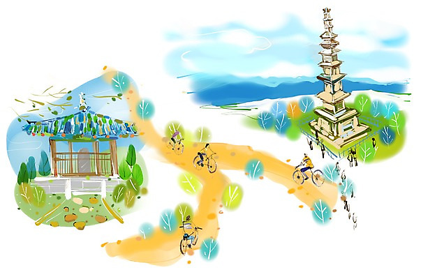 PSD 나무 식물 구름 건축물 여자 남자 건축 길 여유 육상교통 교통수단 여행 이동 일러스트 하늘 휴식 사람 여러명 탑 자전거 비석 자전거여행 자전거길 중원탑평리칠층석탑 국내일러스트 자연요소 감정 다수 교통 컨셉 바이크 석탑 국보 충주 파일형식