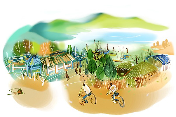 PSD 나무 식물 여자 남자 길 여유 육상교통 교통수단 여행 이동 일러스트 휴식 산 주택 초가집 사람 여러명 자전거 자전거여행 자전거길 국내일러스트 감정 다수 교통 컨셉 한옥 건물 바이크 파일형식