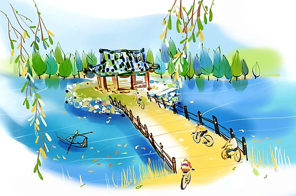 PSD 나무 식물 건축물 여자 남자 건축 길 여유 육상교통 교통수단 여행 이동 일러스트 휴식 사람 여러명 물 자전거 연못 자전거여행 자전거길 가교 국내일러스트 자연요소 감정 다수 교통 컨셉 바이크 파일형식